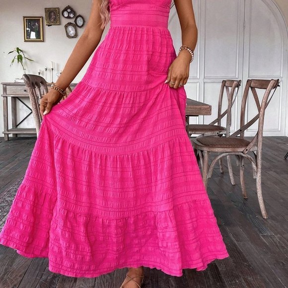 Pink Boho Ladies' Textured Long Slip Dress With Spaghetti Straps - Picture 3 of 6